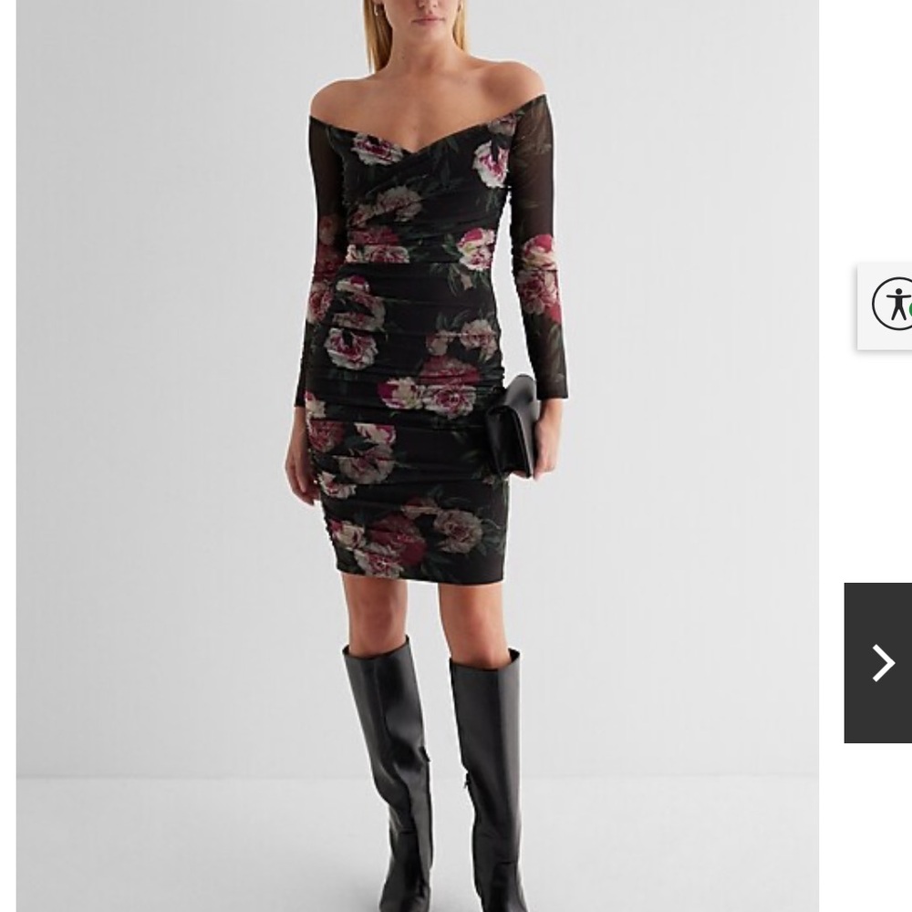 Express NWT Floral Black and Pink Off the shoulder long sleeve shear arm Dress